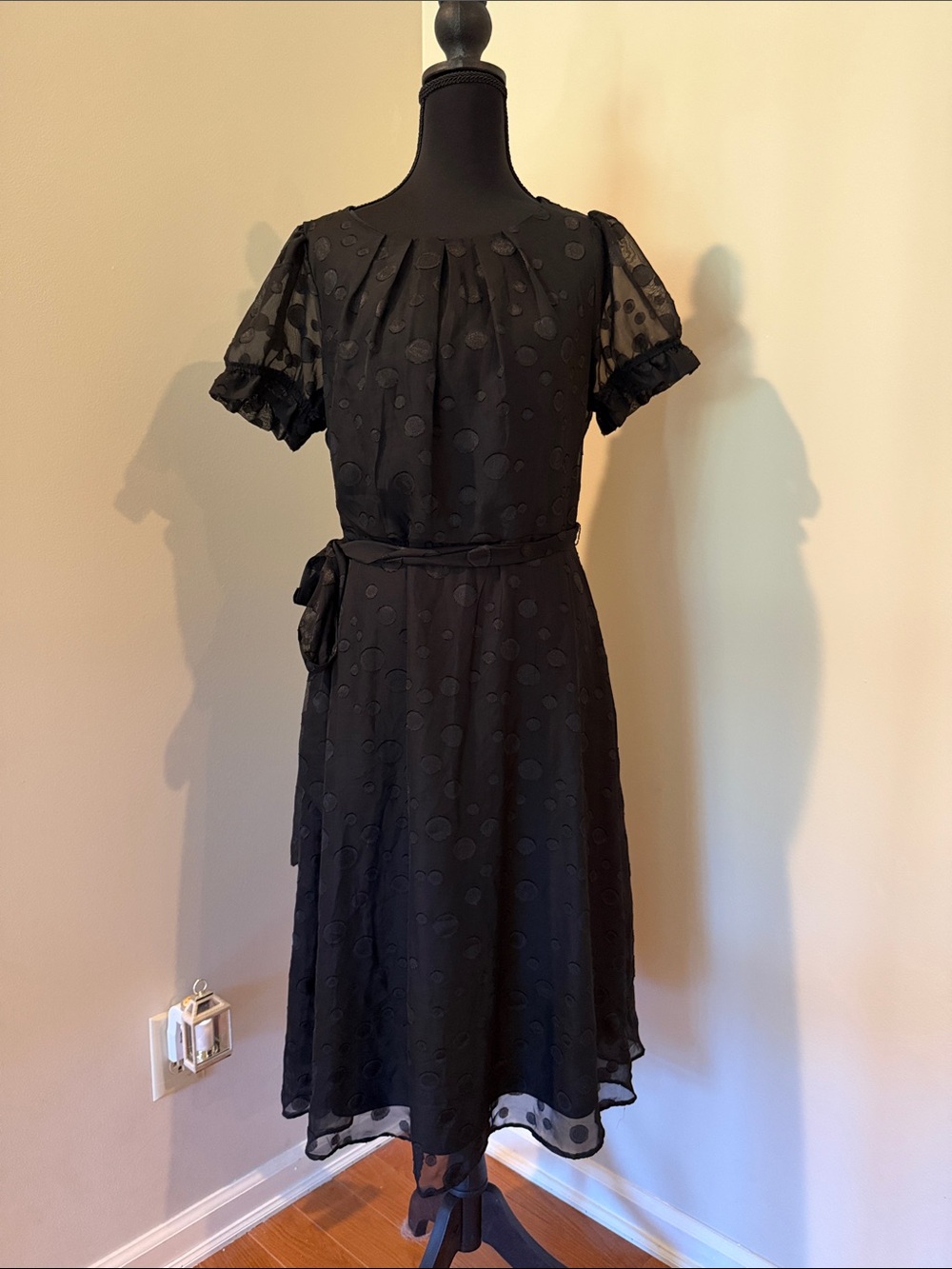 Black Polka Dot Midi Dress with Waist Tie